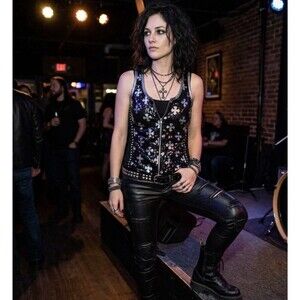Gothic Rocker Style Sequin Top with Crosses and Studs Size XL Black Silver